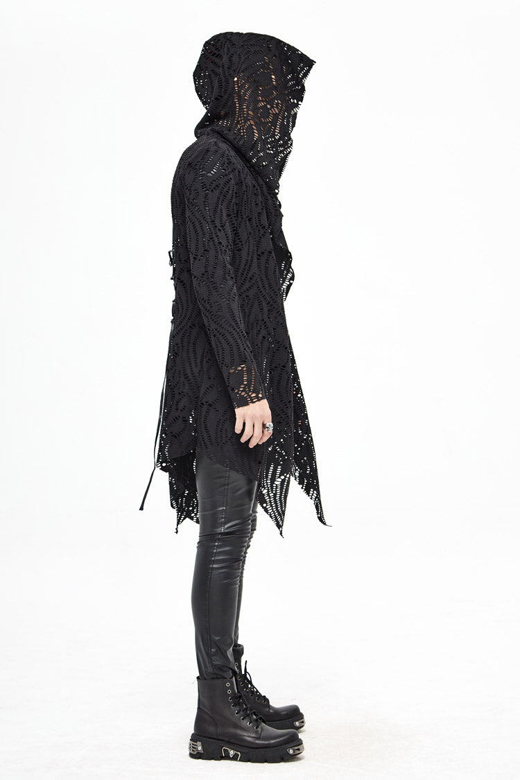 Black V Neck Long Sleeve Sharp Corner Hem Broken Holes Men's Punk Coat - Product - 4