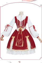 Red Chinese New Year Golden Crane Print Long Sleeve Sweet Lolita OP Dress - Product - 6