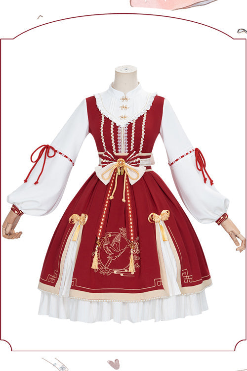 Red Chinese New Year Golden Crane Print Long Sleeve Sweet Lolita OP Dress - Product - 6