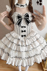 Beige Sleeveless Multi-Layered Polka Dots Printed Ruffled Bow Sweet Princess Lolita Jsk Dress - Product - 7
