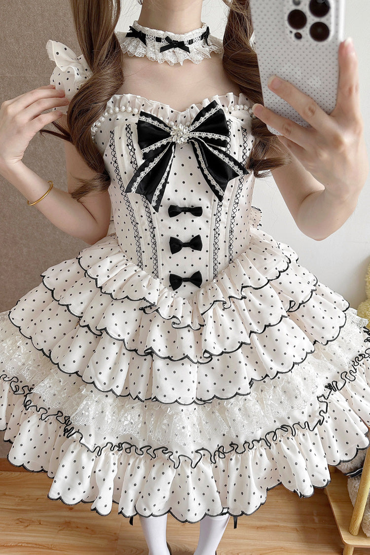 Beige Sleeveless Multi-Layered Polka Dots Printed Ruffled Bow Sweet Princess Lolita Jsk Dress - Product - 7
