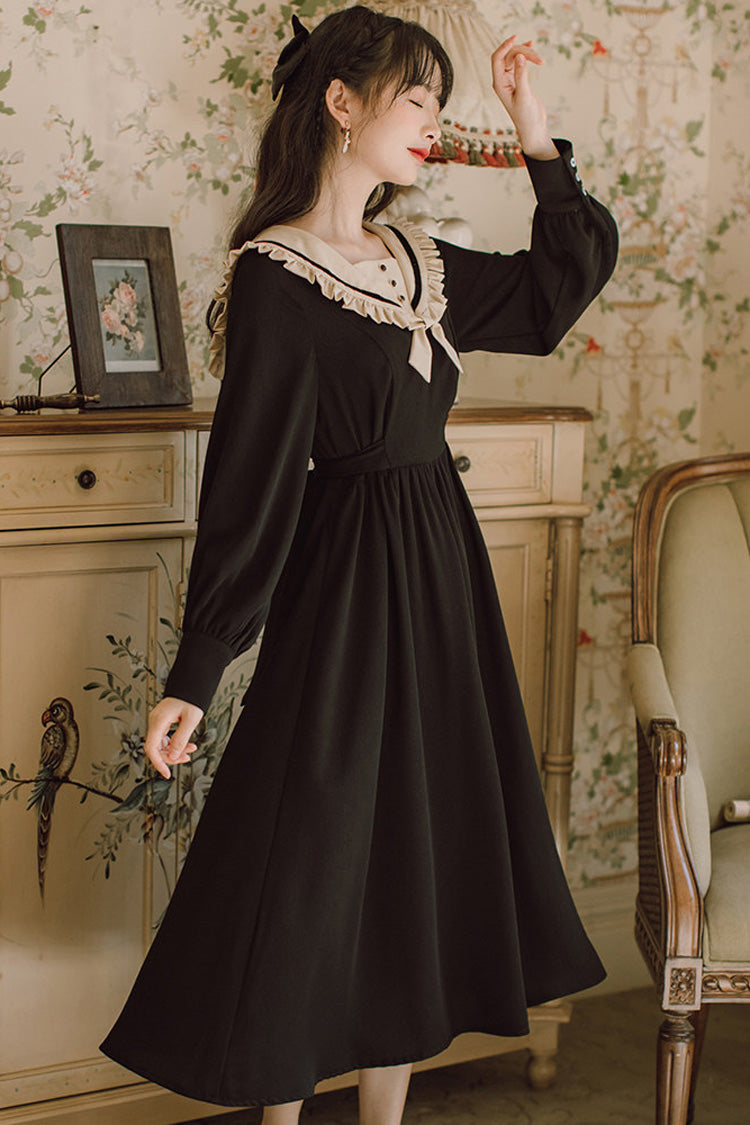 French Retro Hepburn Style Doll Collar Long Sweet Lolita OP Dress - black - 4