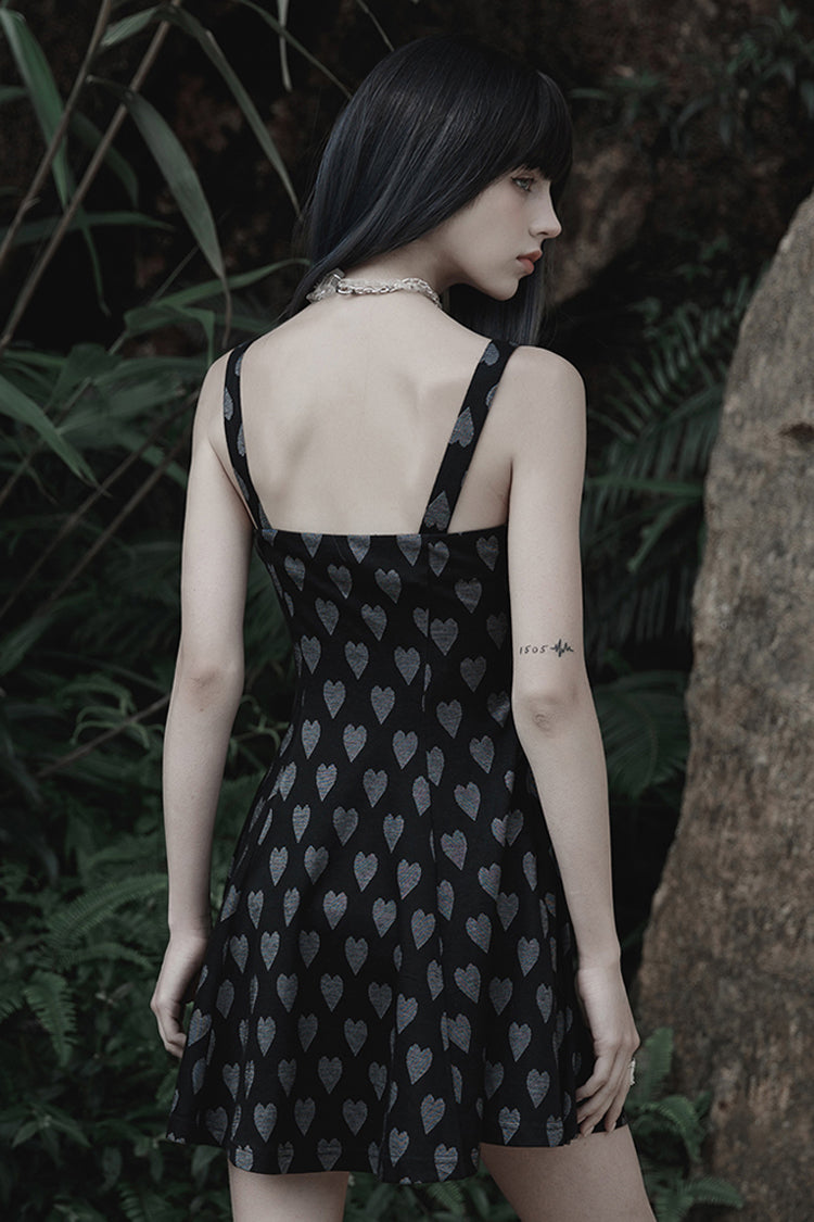 Black/Grey Heart Print Pattern Suspender Hollow Mesh Metal PU Buckle Bow Design Sleeveless Women's Punk Dress - Product - 3