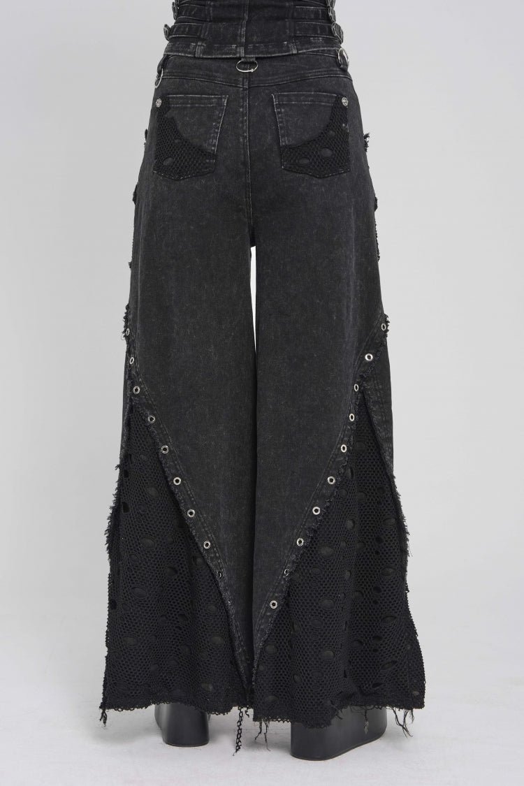 Black Cut-Out Spliced Mesh Eyelet Women's Punk Layered Ripped Pants - Product - 4