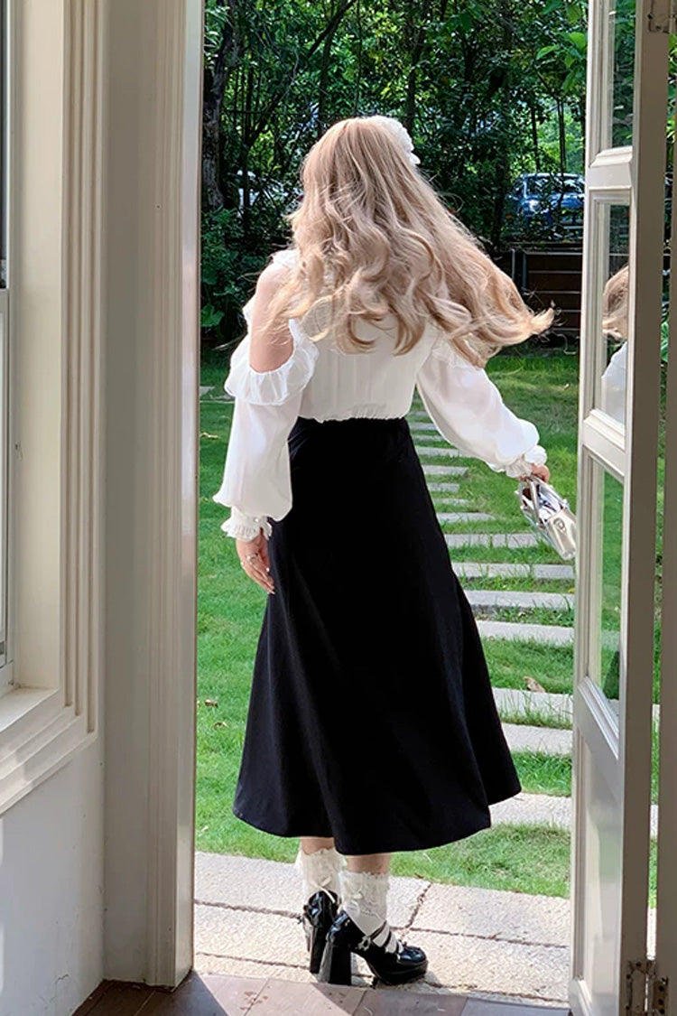 Black/White V Collar Off Shoulder Long Sleeves Ruffled Bow Faux Two-Piece Classic Plus Size Lolita Dress - Product - 7