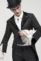 Black Gothic Embroidered Print Pattern Metal Pattern Buckle Decoration Trumpet Sleeve Men's Swallowtail Coat - Product - 4