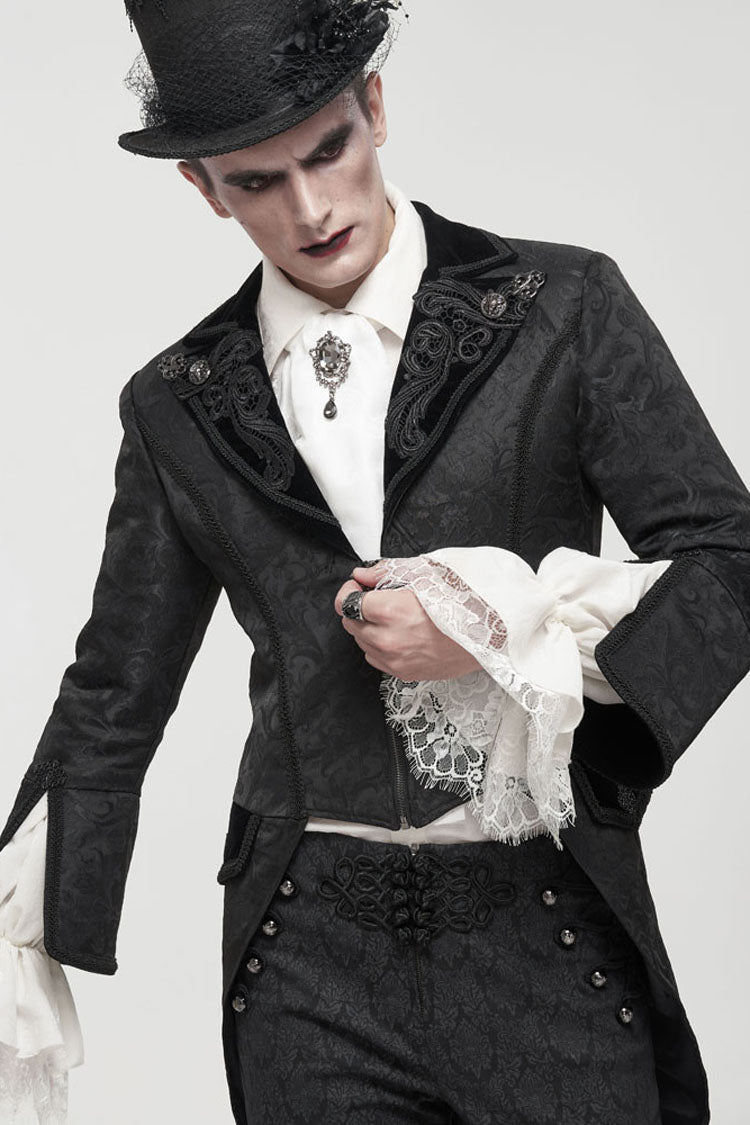 Black Gothic Embroidered Print Pattern Metal Pattern Buckle Decoration Trumpet Sleeve Men's Swallowtail Coat - Product - 4