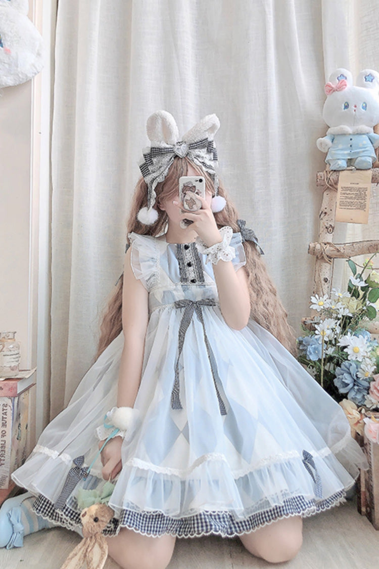 White/Blue Sleeveless Diamond Plaid Print Bowknot Alice Sweet Lolita JSK Dress - Product - 4