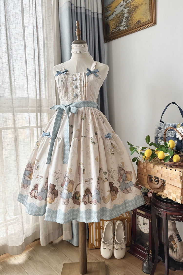 Ivory [Midsummer Bunny Bear] Printed Ruffled Bow Sweet Lolita Dress 2 Versions - Ivory(JSK) - 1