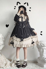 Black Round Collar Chest Bow Cross Print Ruffled Sweet Lolita Op Dress (Plus Size Version) - Black - 1