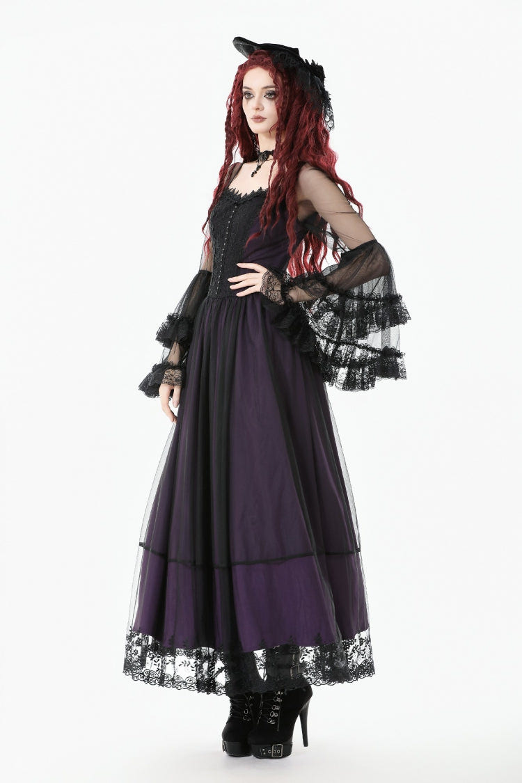 Purple Sheer Lace Square-Cut Collar Double-Layered Long Flared Sleeves  Lace-Up Women's Gothic Maxi Dress - Product - 2