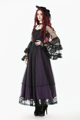 Purple Sheer Lace Square-Cut Collar Double-Layered Long Flared Sleeves  Lace-Up Women's Gothic Maxi Dress - Product - 2