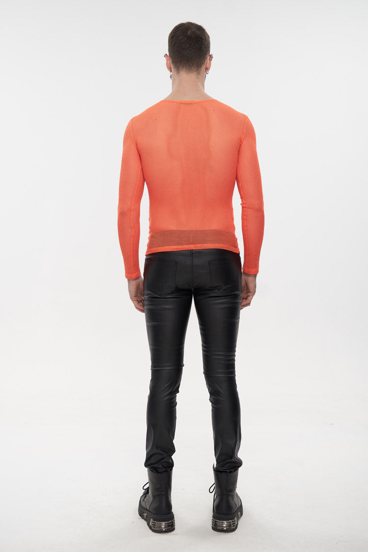 Orange Elasticity High Neck Long Sleeve Mesh Men's Gothic T-Shirt - Product - 5