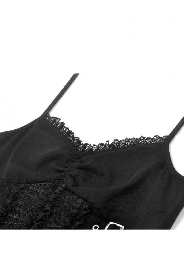 Black Women's Gothic Vintage Multi-Layered Buckled Straps Sheer Lace Patchwork Tank Top - Product - 12