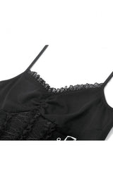 Black Women's Gothic Vintage Multi-Layered Buckled Straps Sheer Lace Patchwork Tank Top - Product - 12