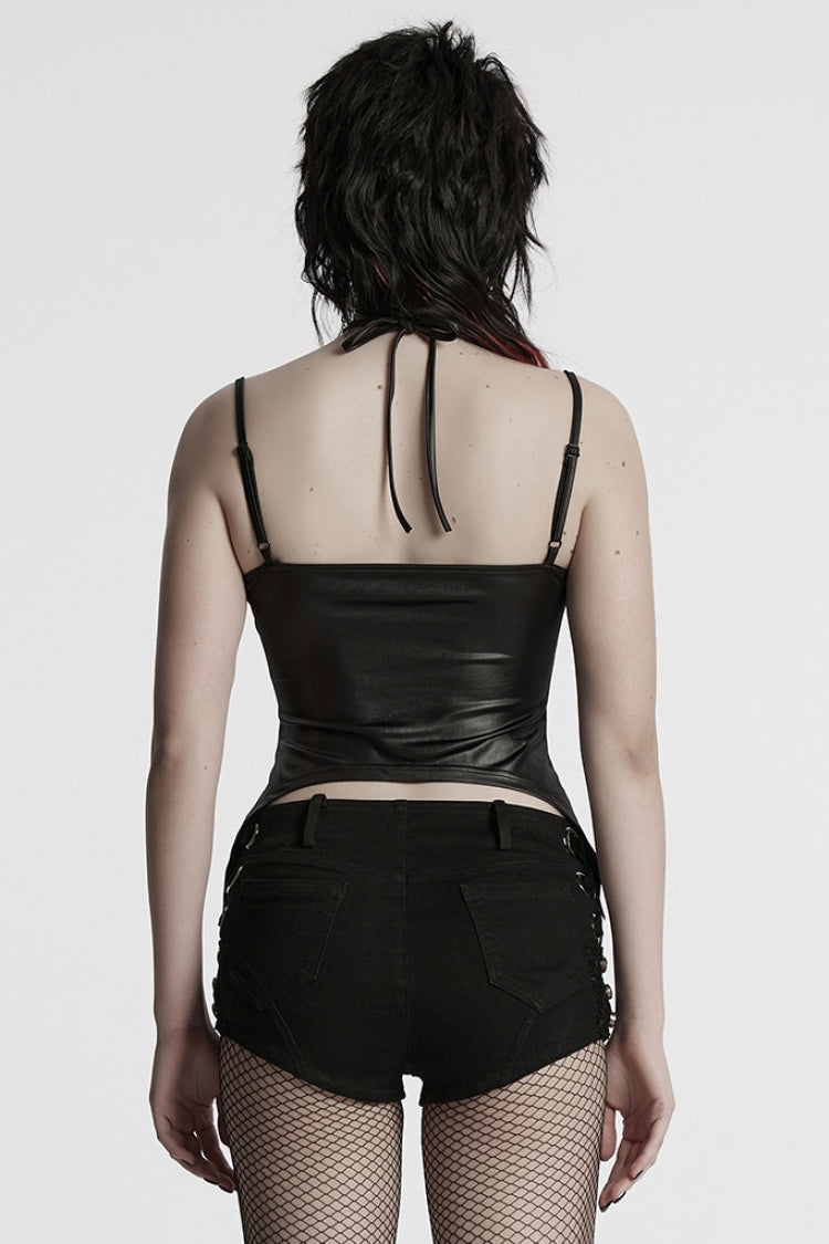 Black Halterneck Sleeveless Lace-Up Plunging Irregular Women's Punk Vest - Product - 3