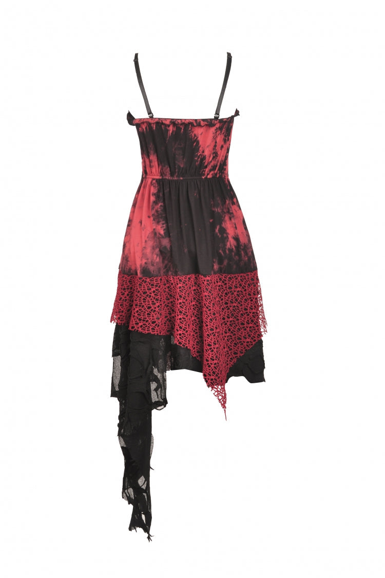 Black/Red Irregular Tie-dyed Patchwork Women's Punk Slip Dress - Product - 14
