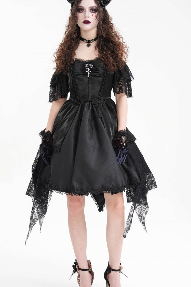 Black Halterneck Lace Lace-Up Irregular Hem Women's Gothic Dress - Product - 7