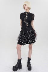 Black/White Knitted Fabric Cross Print Side Waist Straps Detachable Metal Chain Women's Punk Skirt - Product - 4