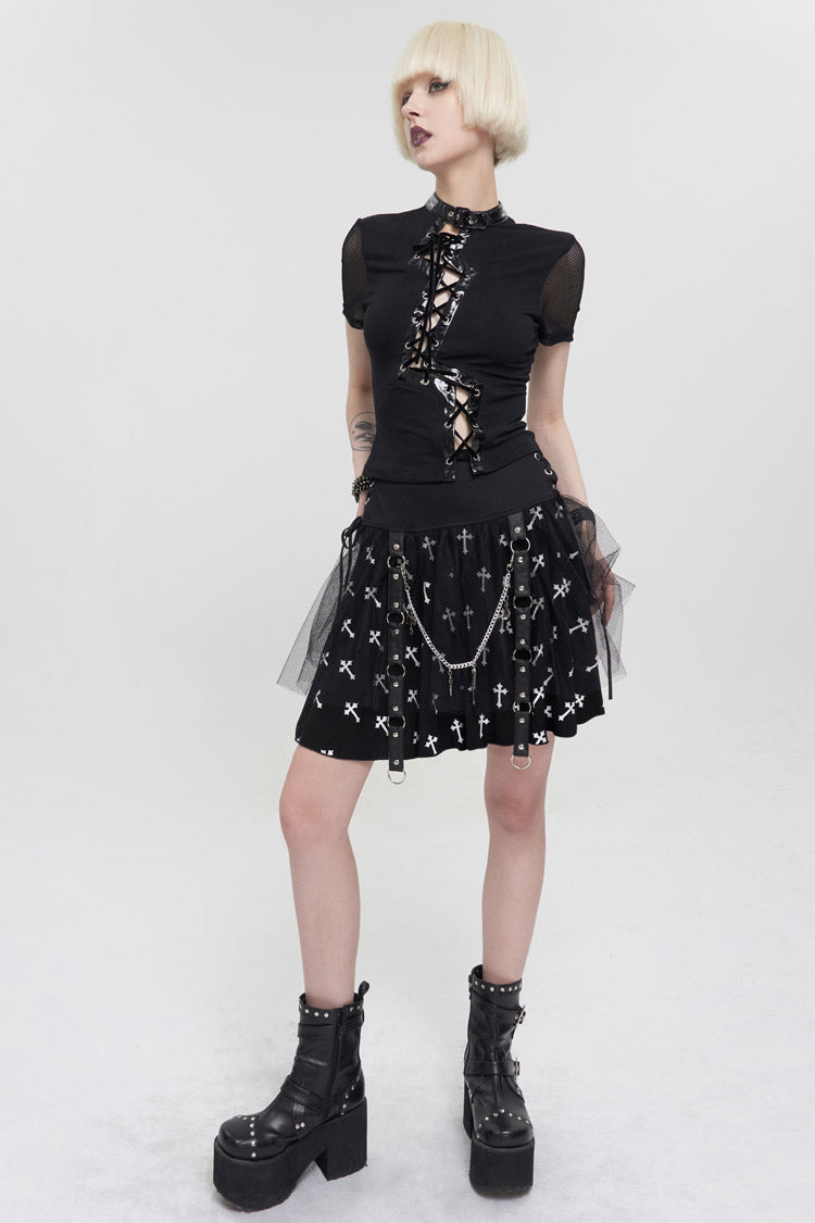 Black/White Knitted Fabric Cross Print Side Waist Straps Detachable Metal Chain Women's Punk Skirt - Product - 4