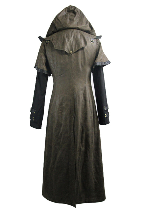 Double Sleeves Steampunk Brown Leather Hooded Mens Long Coat - Product - 6
