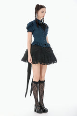 Blue Pinstripe Point Collar Short Puff Sleeves Women's Gothic Blouse with Detachable Bat Bow Tie - Product - 2