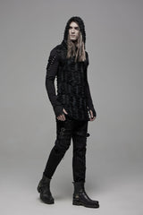Black Long Sleeves Lace-Up Hooded Ripped Pleated Men's Gothic Cool T-Shirt - Product - 5