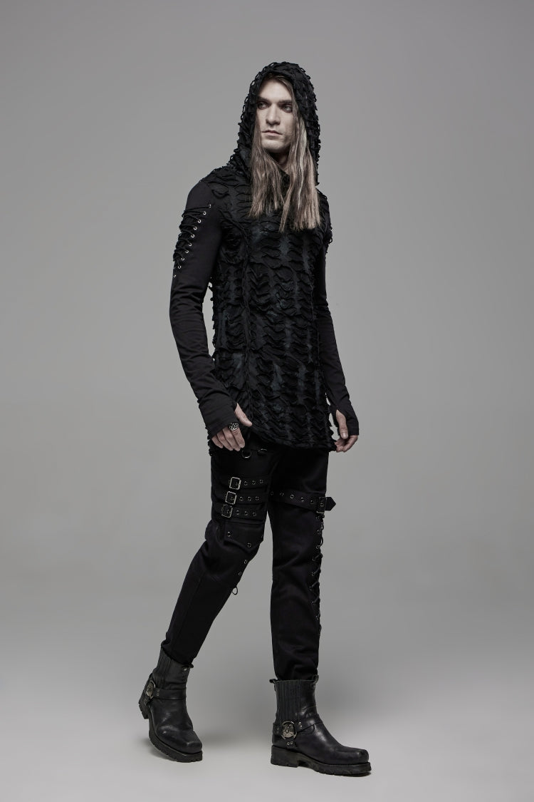 Black Long Sleeves Lace-Up Hooded Ripped Pleated Men's Gothic Cool T-Shirt - Product - 5