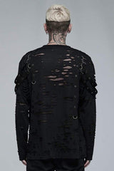 Black Gothic Broken Holes Knitted Fabric Stitching Metal Buckle Detachable Decorative Tape Long Sleeve Men's T-Shirt - Product - 3