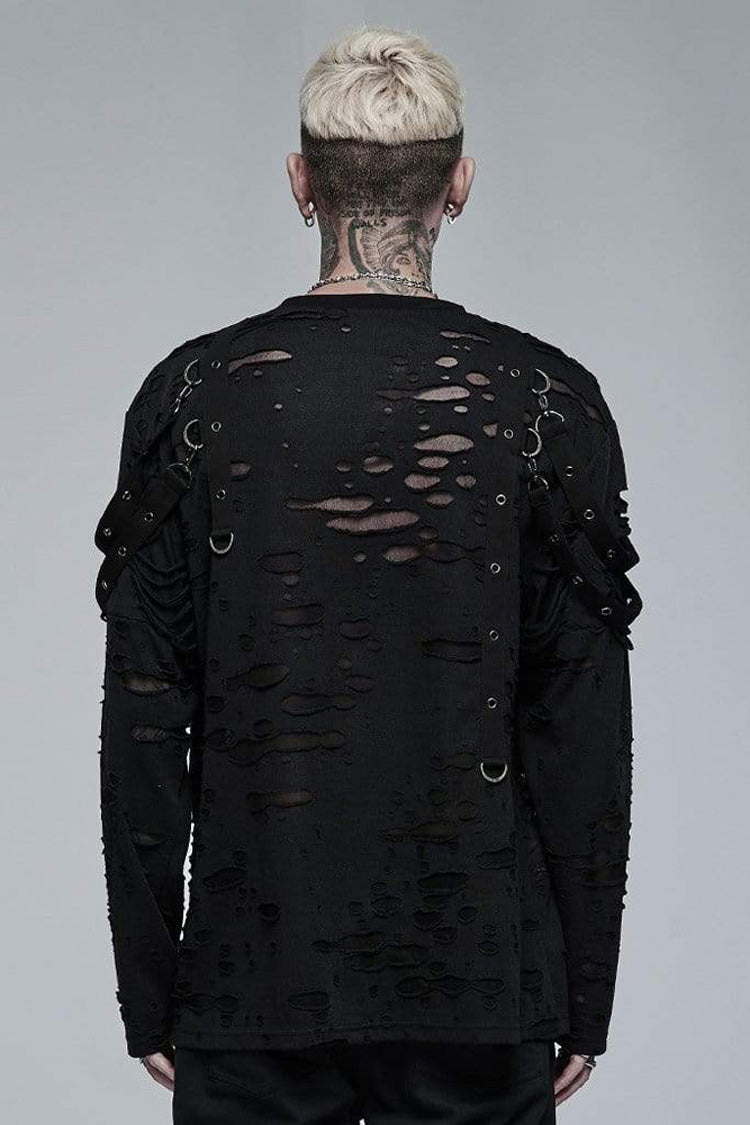 Black Gothic Broken Holes Knitted Fabric Stitching Metal Buckle Detachable Decorative Tape Long Sleeve Men's T-Shirt - Product - 3