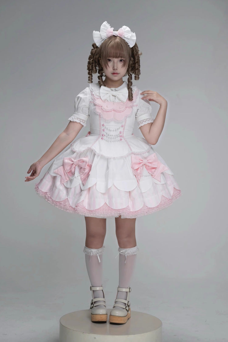 White/Pink Sleeveless Multi-Layered Ruffle Bowknot Lace Pearl Sweet Lolita Jsk Dress - Product - 9