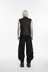 Black Stand Collar Sleeveless Studded Zippered Pleated Men's Punk Cool Vest - Product - 3