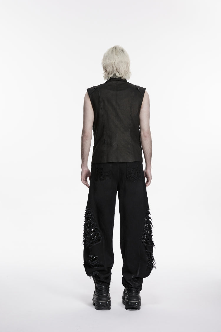Black Stand Collar Sleeveless Studded Zippered Pleated Men's Punk Cool Vest - Product - 3