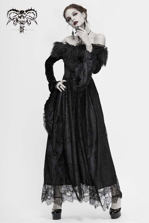 Black Sexy Off Shoulder Lace Pleated Womens Formal Gothic Long Dress With Fur Collar - Product - 4