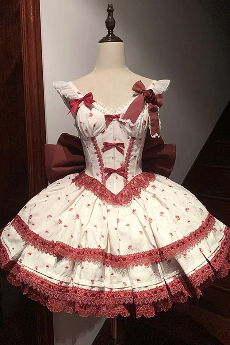 ワインレッド [First Love Rose] ティアード プリント フリル リボン レース スウィートロリータ ジャンパースカート（JSK） セット 商品画像