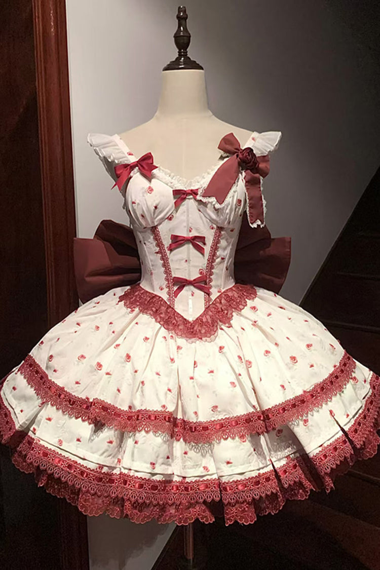 Wine Red [First Love Rose] Multi-Layered Print Ruffle Bowknot Lace Sweet Lolita Jsk Dress Set - Product - 2