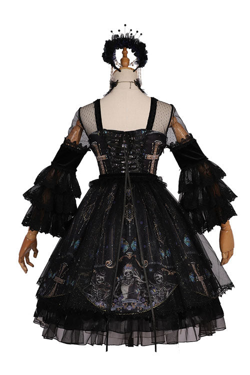 Black Square Collar Cemetery Butterfly Skull Print Lace Lantern Sleeves Multi-Layer Ruffled Gothic Lolita OP Dress - Product - 9