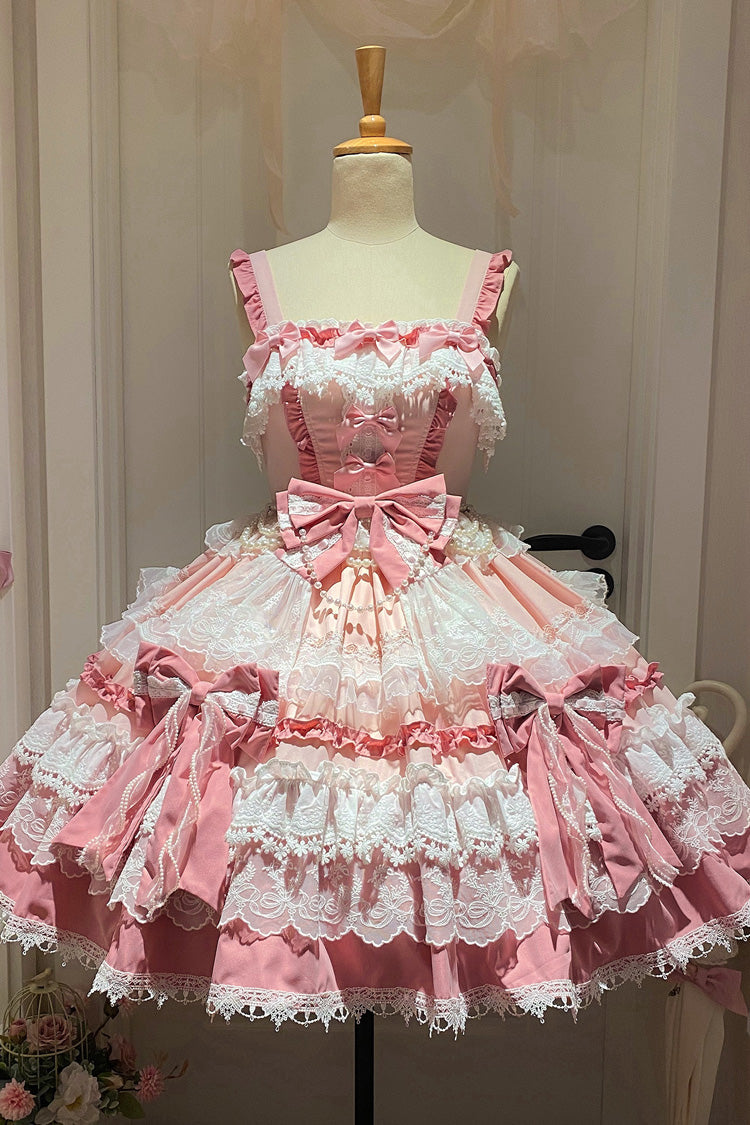 Pink Sleeveless Multi-Layered Ruffle Bowknot Lace Sweet Gorgeous Lolita Doll Jsk Dress - Pink - 1