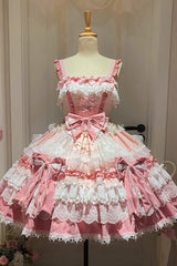 Pink Sleeveless Multi-Layered Ruffle Bowknot Lace Sweet Gorgeous Lolita Doll Jsk Dress - Pink - 1