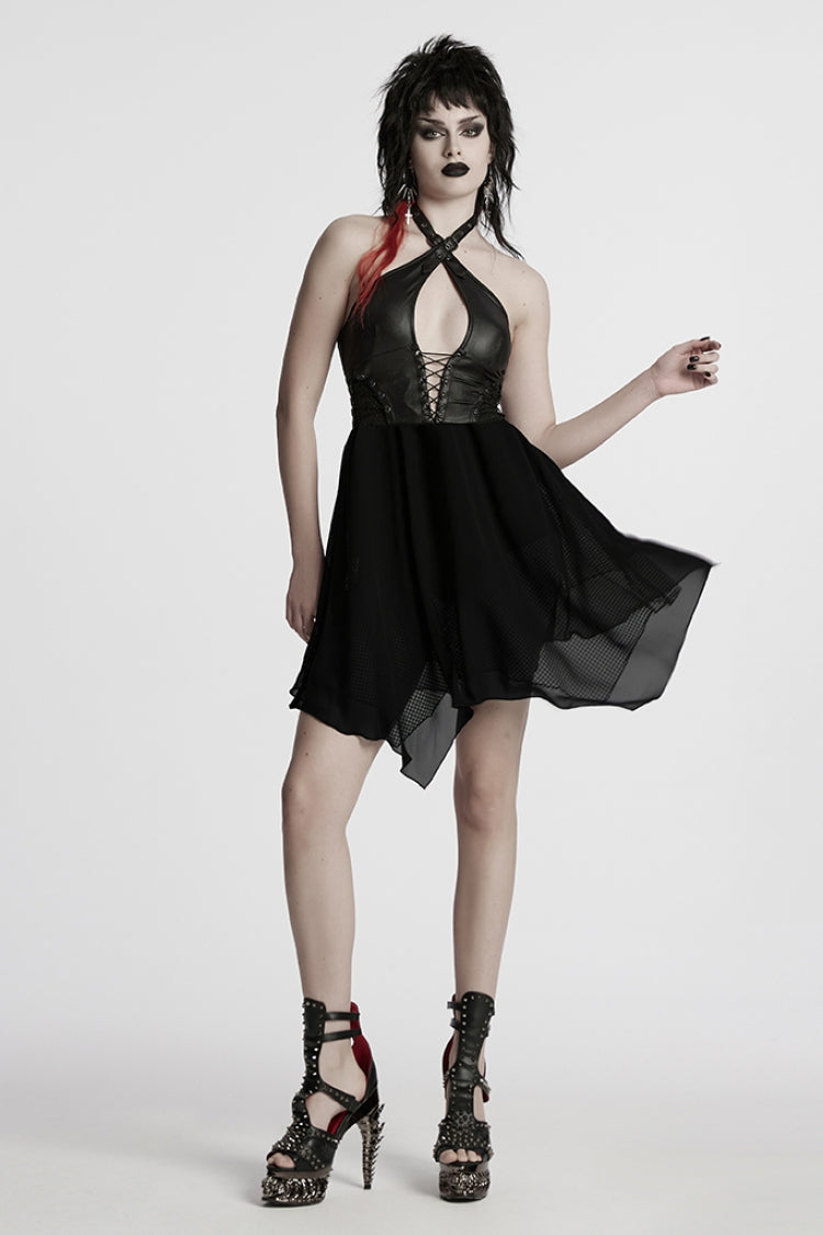 Black Halterneck Lace-Up Irregular Women's Punk Party Dress - Product - 4