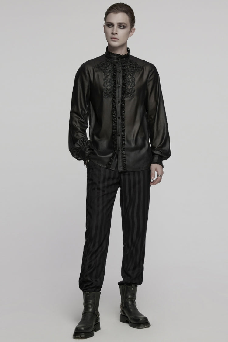 Black Stand Collar Long Sleeves Ruffle Embroidery Men's Gothic Blouse - Product - 4