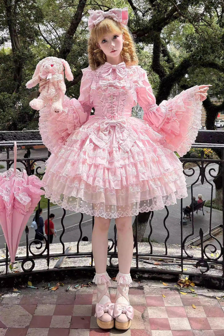 Pink [Love Overture] Multi-Layered Ruffle Bowknot Lace Sweet Lolita Jsk Dress - Pink - 1