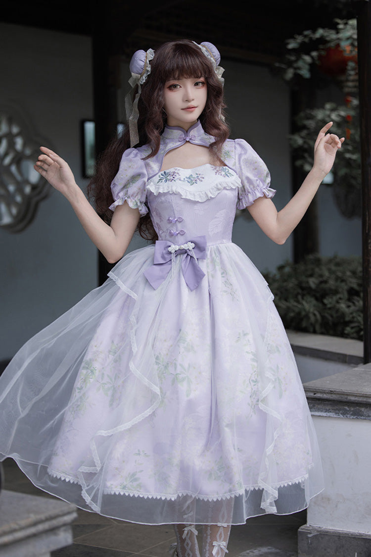 Purple Lilac Short Sleeves Hollow Embroidery Sweet Chinese Cheongsam Style Lolita Dress - Purple - 1