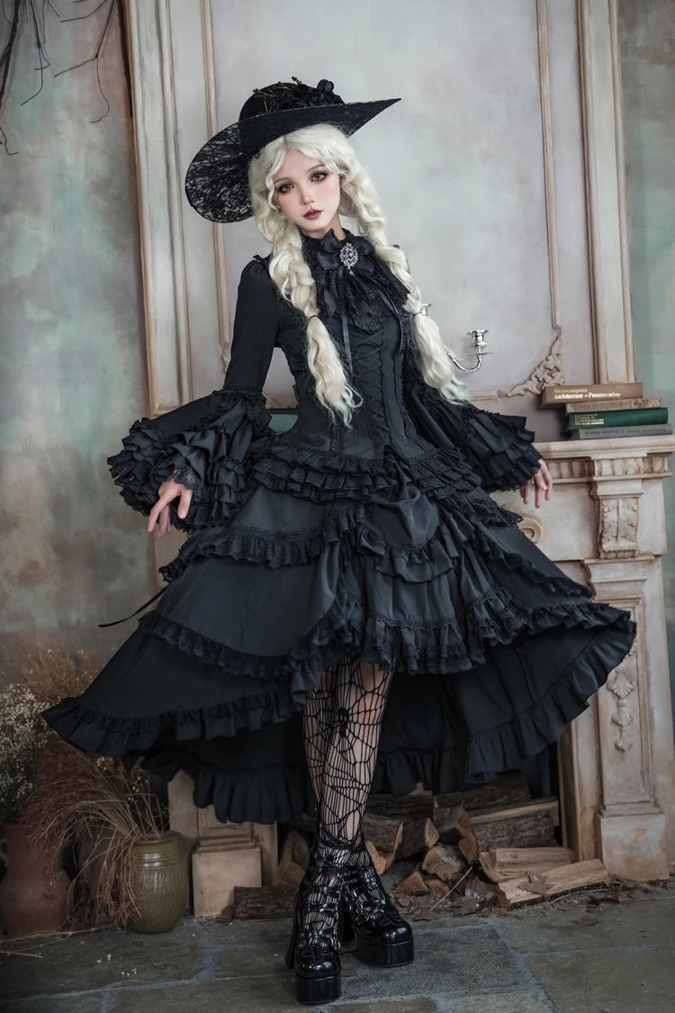 Black [Immortal Phoenix] Long Hime Sleeves Multi-Layered Ruffled Bow Lace-Up Gothic Lolita Skirt Dress Set - Product - 6