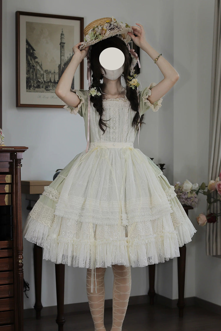 Muscat Green [Vintage Ball 3.0] Square Collar Short Sleeves Lace Pearl Detail Sweet Lolita Dress - Product - 5