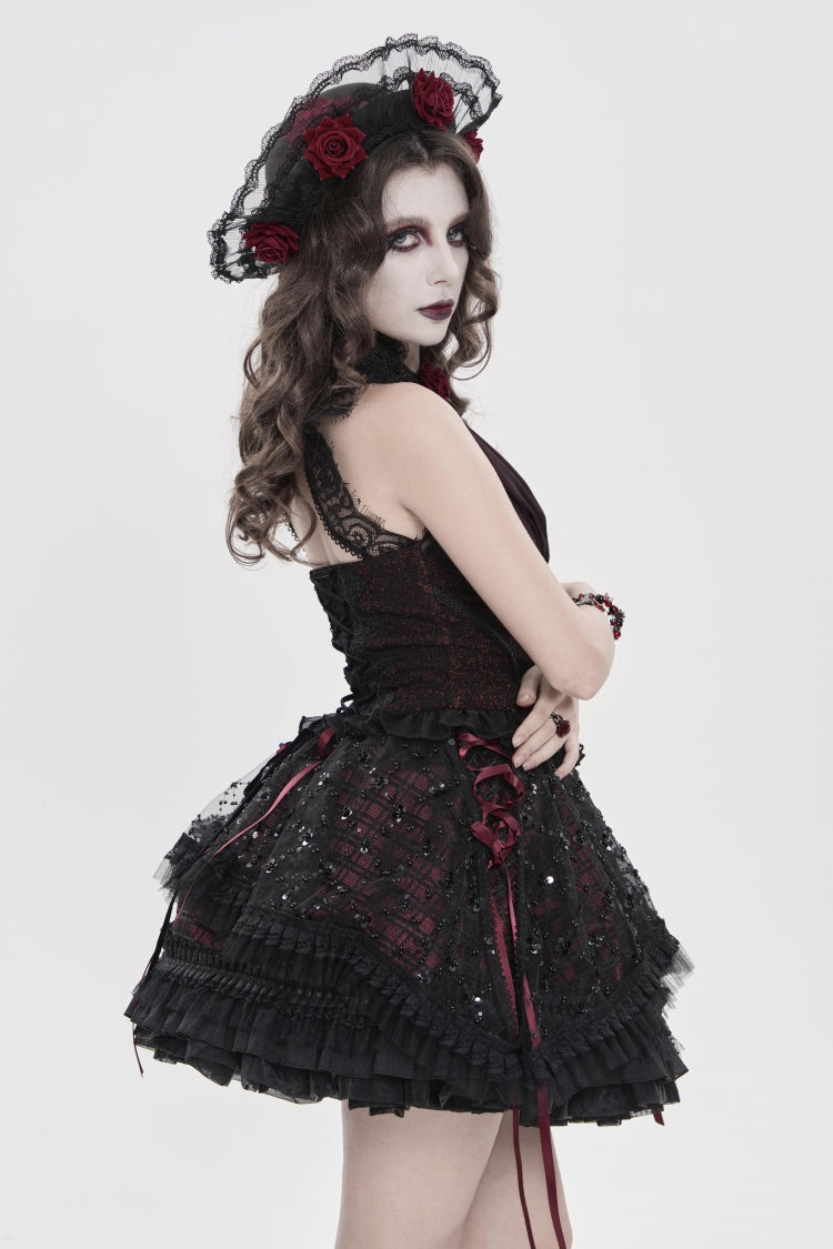 Black/Red Multi-Layered Lace Lace-Up Women's Gothic Skirt - Product - 3