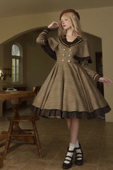 Brown [Baker Street Stories] Stripe Print Ruffle Fake Two Pieces British College Style Classic Lolita Dress - Product - 4