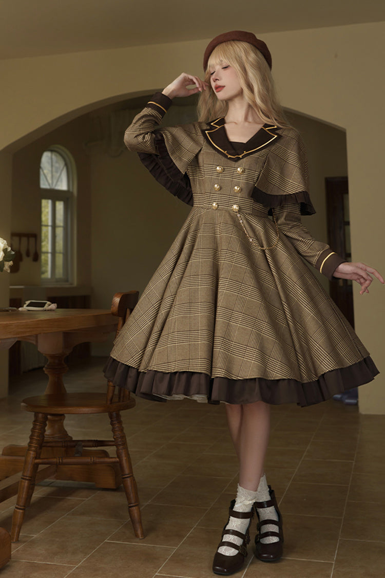 Brown [Baker Street Stories] Stripe Print Ruffle Fake Two Pieces British College Style Classic Lolita Dress - Product - 4