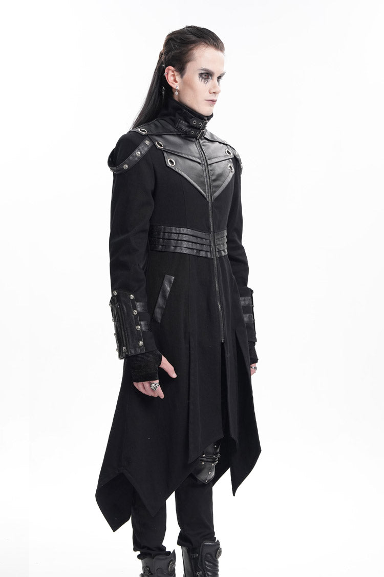 Black Stand Collar Eyelets Buckle-up Ring Long Sleeves Stitching Men's Gothic Coat - Product - 4