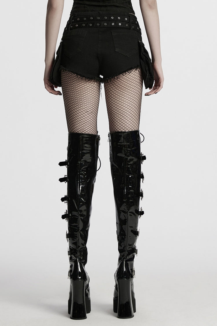 Black Lace-Up Women's Punk Denim Shorts with Detachable Pocket - Product - 3